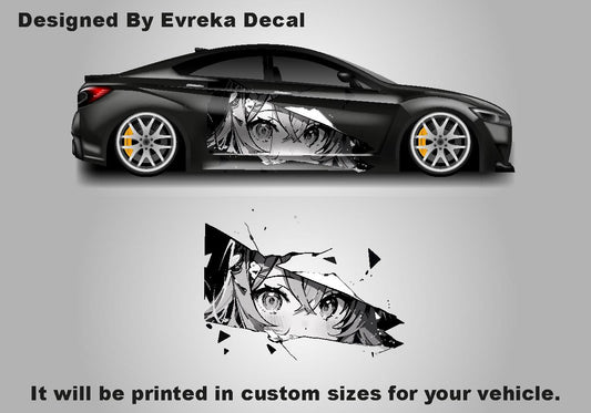 Anime Girl Car Side Wrap, Cartoon Drawing Graphics, Vinyl Livery Decal fit any car, Universal Size, Car Wrap - Evreka Decal
