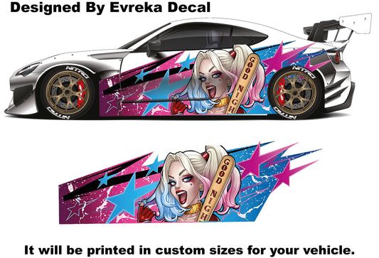 Harley Quinn Car Side Wrap Full Color Graphics Vinyl Livery Decal Villain Sticker fit any car - Evreka Decal