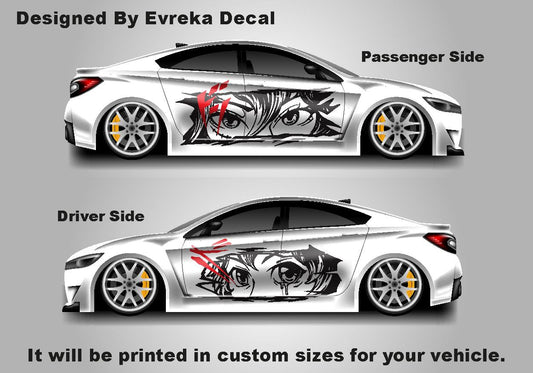 Anime Girl Car Side Wrap, Cartoon Drawing Graphics, Vinyl Livery Decal fit any car, Universal Size, Car Wrap - Evreka Decal