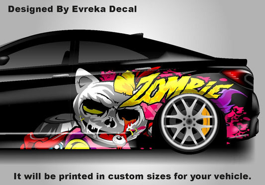 Zombie Cat Car Side Wrap, Zombie Cat Full Color Graphics, Vinyl Livery Decal fit any car, Universal Size, Car Wrap - Evreka Decal