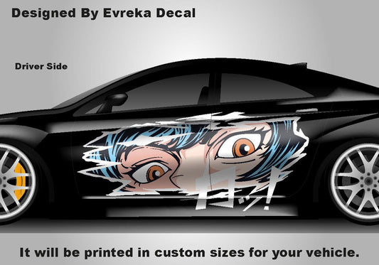Anime Girl Car Side Wrap, Full Color Graphics, Vinyl Livery Decal fit any car, Universal Size, Car Wrap - Evreka Decal