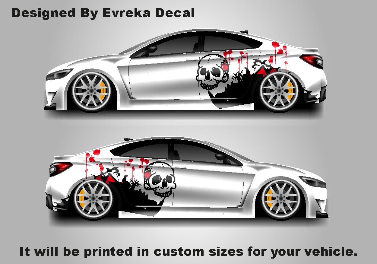Skull Car Decal - Both Sides Katana and Skull Body Side Decal - High Quality Viny Cut - Nightmare Wrap - - Evreka Decal