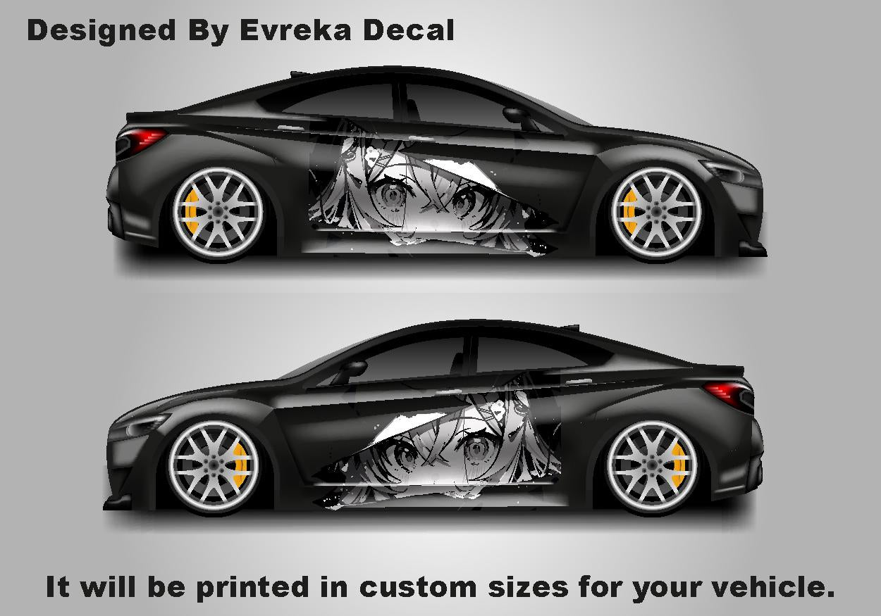 Anime Girl Car Side Wrap, Cartoon Drawing Graphics, Vinyl Livery Decal fit any car, Universal Size, Car Wrap - Evreka Decal