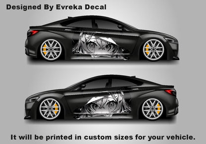 Anime Girl Car Side Wrap, Cartoon Drawing Graphics, Vinyl Livery Decal fit any car, Universal Size, Car Wrap - Evreka Decal