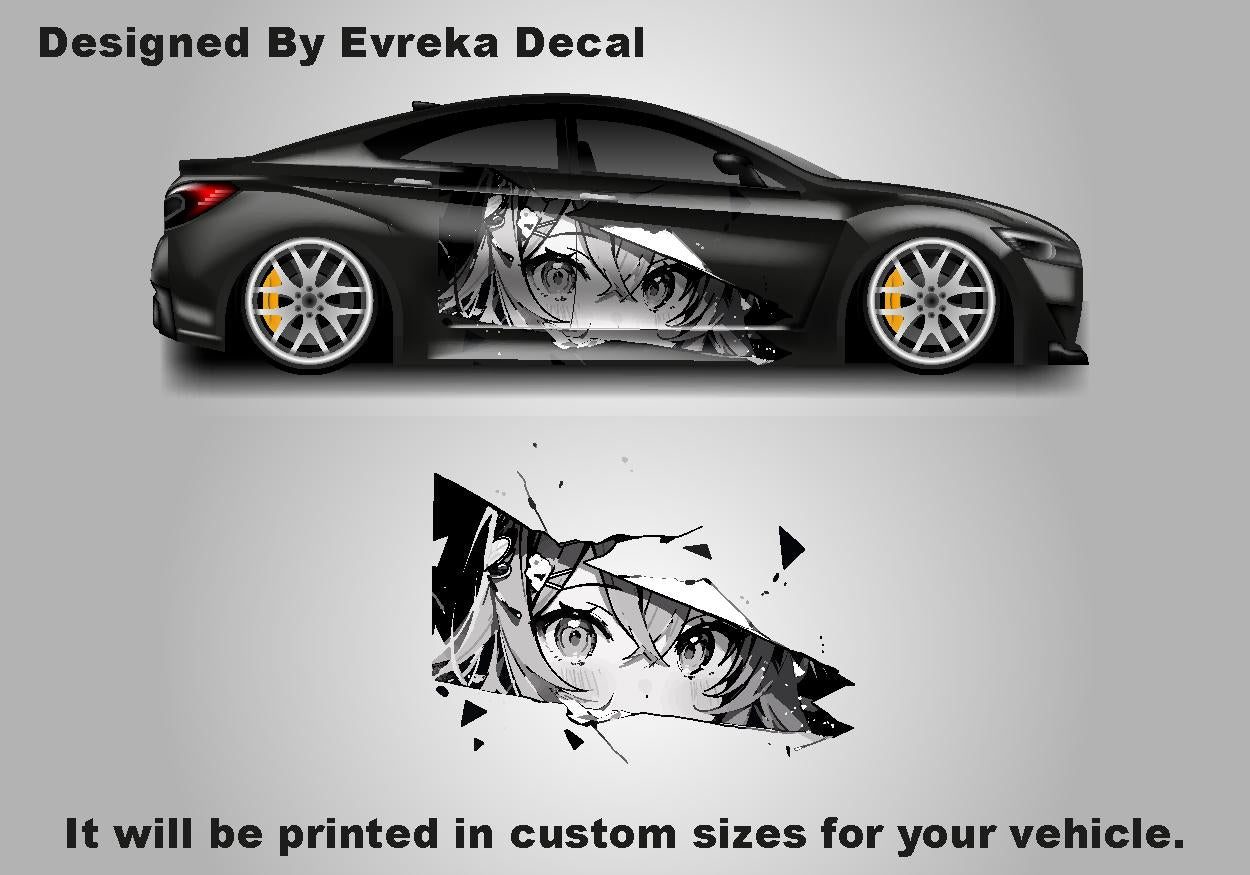 Anime Girl Car Side Wrap, Cartoon Drawing Graphics, Vinyl Livery Decal fit any car, Universal Size, Car Wrap - Evreka Decal