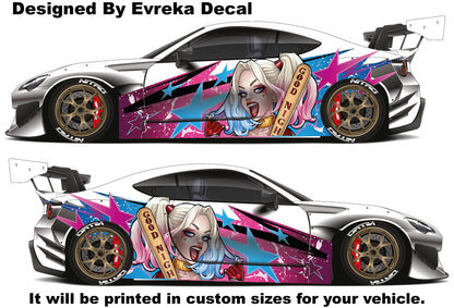 Harley Quinn Car Side Wrap Full Color Graphics Vinyl Livery Decal Villain Sticker fit any car - Evreka Decal