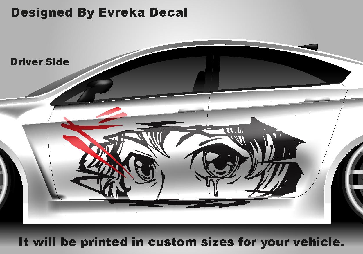 Anime Girl Car Side Wrap, Cartoon Drawing Graphics, Vinyl Livery Decal fit any car, Universal Size, Car Wrap - Evreka Decal
