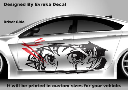 Anime Girl Car Side Wrap, Cartoon Drawing Graphics, Vinyl Livery Decal fit any car, Universal Size, Car Wrap - Evreka Decal