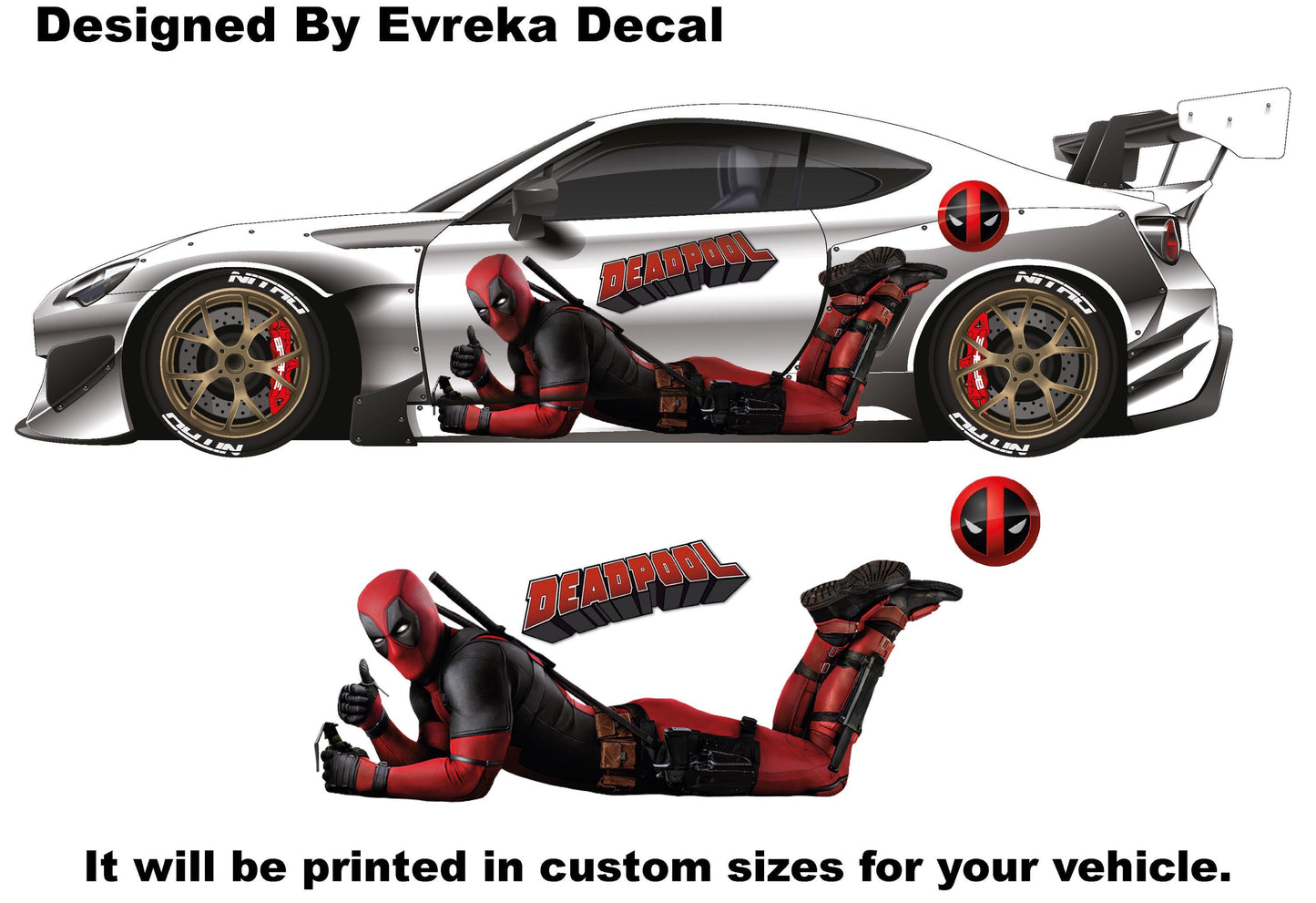 Deadpool Super Hero, Villain Inspired Car Side Decal, Universal Size, Cast Vinyl Wrap Active - Evreka Decal
