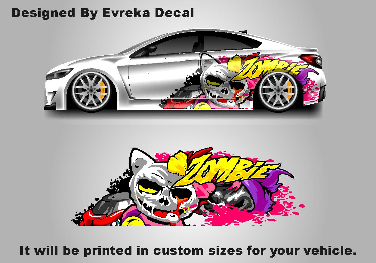 Zombie Cat Car Side Wrap, Zombie Cat Full Color Graphics, Vinyl Livery Decal fit any car, Universal Size, Car Wrap - Evreka Decal