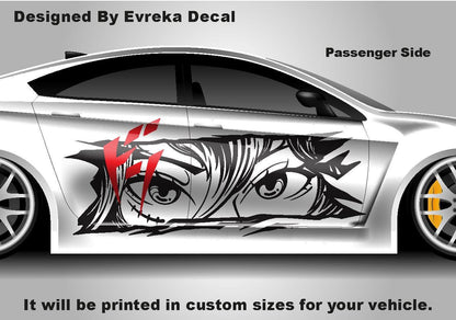 Anime Girl Car Side Wrap, Cartoon Drawing Graphics, Vinyl Livery Decal fit any car, Universal Size, Car Wrap - Evreka Decal