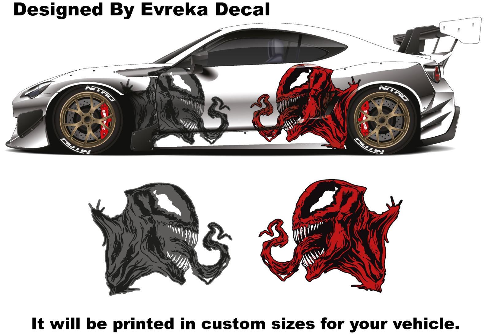 VENOM - CARNAGE Head Superhero, Villain Inspired Car Side Sticker, Universal Size, Car Decal Wrap - Evreka Decal