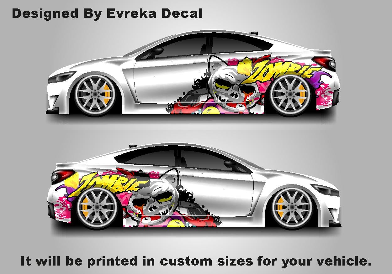 Zombie Cat Car Side Wrap, Zombie Cat Full Color Graphics, Vinyl Livery Decal fit any car, Universal Size, Car Wrap - Evreka Decal