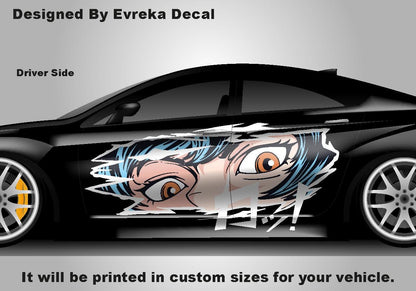 Anime Girl Car Side Wrap, Full Color Graphics, Vinyl Livery Decal fit any car, Universal Size, Car Wrap - Evreka Decal