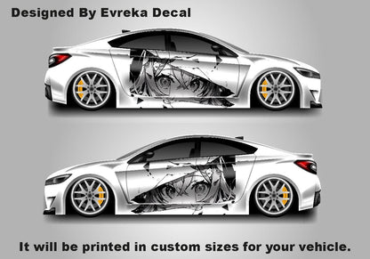 Anime Girl Car Side Wrap, Cartoon Drawing Graphics, Vinyl Livery Decal fit any car, Universal Size, Car Wrap - Evreka Decal