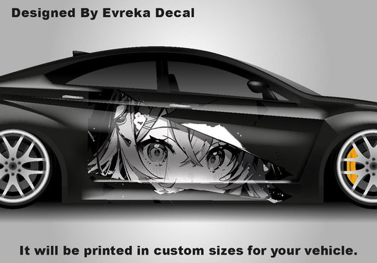Anime Girl Car Side Wrap, Cartoon Drawing Graphics, Vinyl Livery Decal fit any car, Universal Size, Car Wrap - Evreka Decal