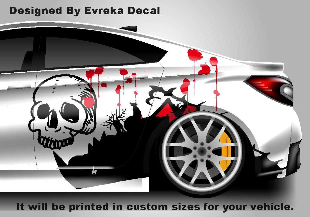 Skull Car Decal - Both Sides Katana and Skull Body Side Decal - High Quality Viny Cut - Nightmare Wrap - - Evreka Decal