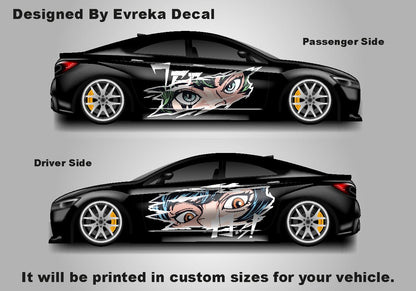 Anime Girl Car Side Wrap, Full Color Graphics, Vinyl Livery Decal fit any car, Universal Size, Car Wrap - Evreka Decal