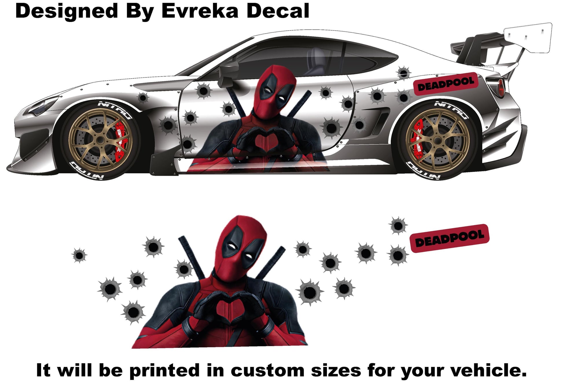 Deadpool Super Hero, Villain Inspired Car Side Decal, Universal Size, Cast Vinyl Wrap Active - Evreka Decal