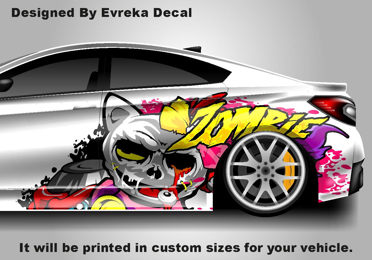 Zombie Cat Car Side Wrap, Zombie Cat Full Color Graphics, Vinyl Livery Decal fit any car, Universal Size, Car Wrap - Evreka Decal