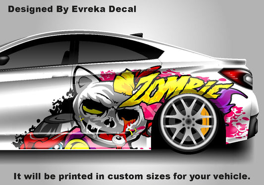 Zombie Cat Car Side Wrap, Zombie Cat Full Color Graphics, Vinyl Livery Decal fit any car, Universal Size, Car Wrap - Evreka Decal