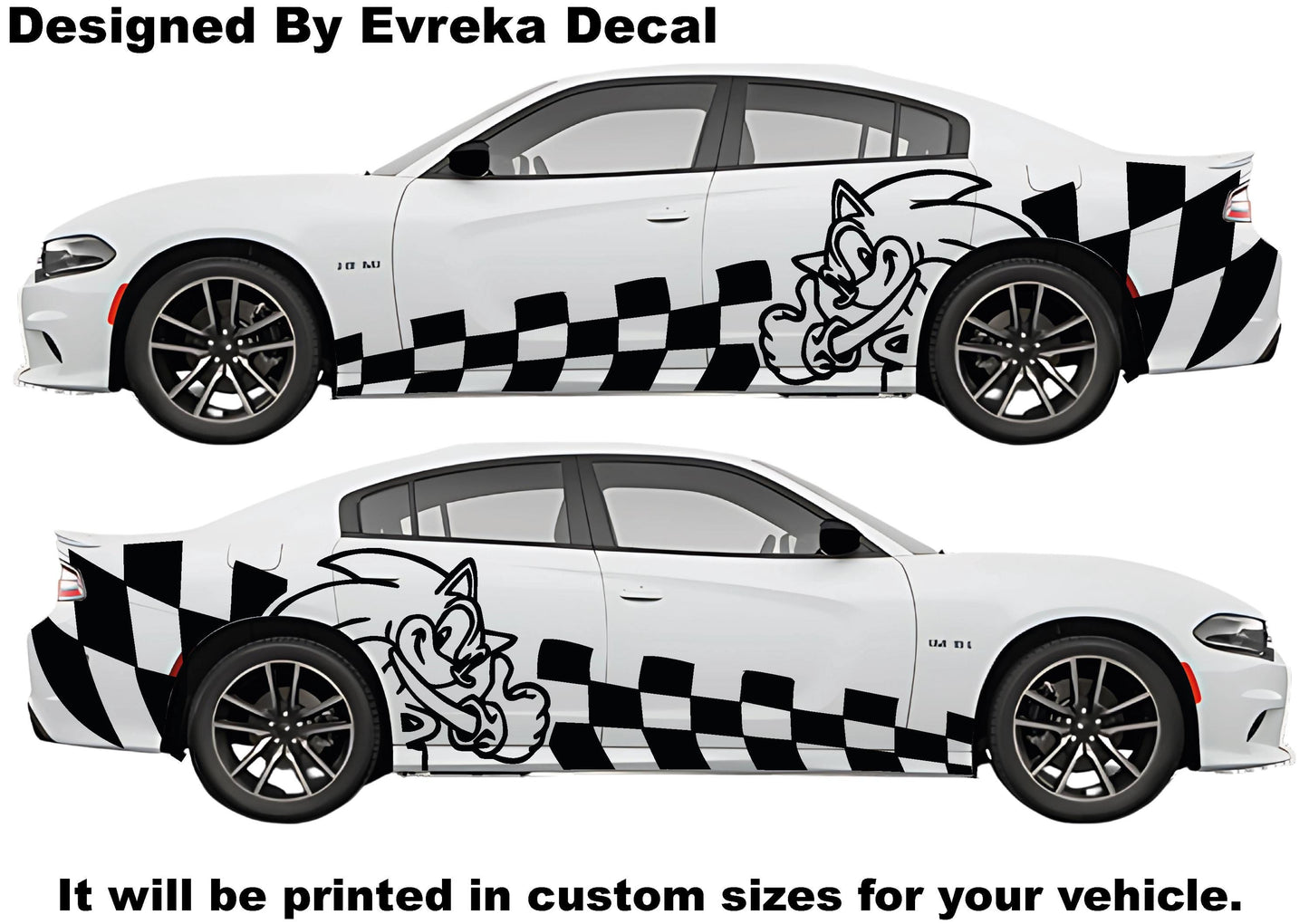 2x Sonic Car Side Rear Fender Top Decal. Sonic Side Car Sticker. Racing Flag Decal. Mustang- Charger-Challenger-Porsche-Ford - Evreka Decal