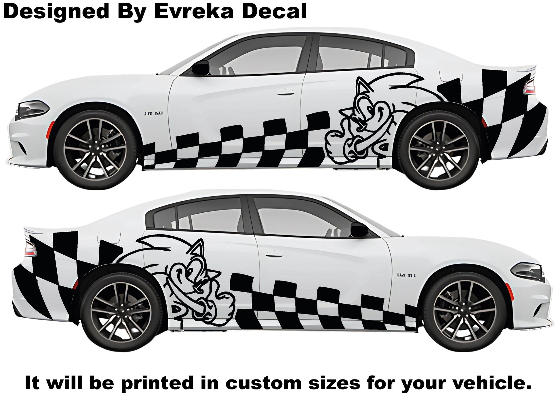 2x Sonic Car Side Rear Fender Top Decal. Sonic Side Car Sticker. Racing Flag Decal. Mustang- Charger-Challenger-Porsche-Ford - Evreka Decal