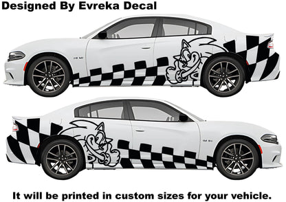 2x Sonic Car Side Rear Fender Top Decal. Sonic Side Car Sticker. Racing Flag Decal. Mustang- Charger-Challenger-Porsche-Ford - Evreka Decal