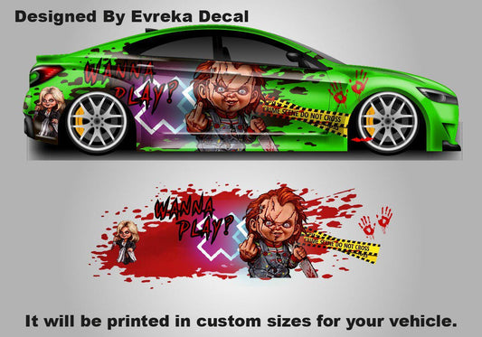 Chucky Car Stickers, Halloween, Wanna Play? Horror Movie Character Car Decor, Scary Movie - Evreka Decal