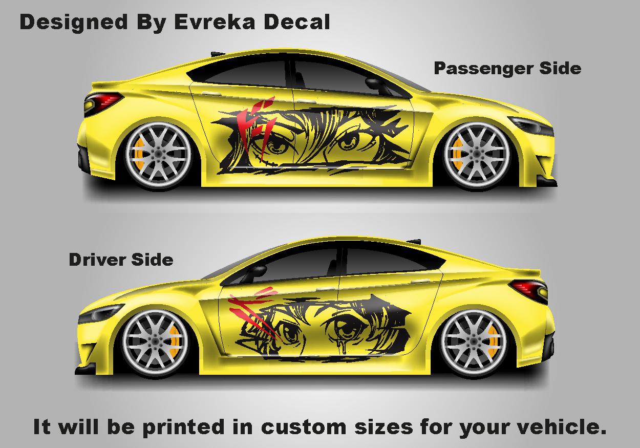 Anime Girl Car Side Wrap, Cartoon Drawing Graphics, Vinyl Livery Decal fit any car, Universal Size, Car Wrap - Evreka Decal